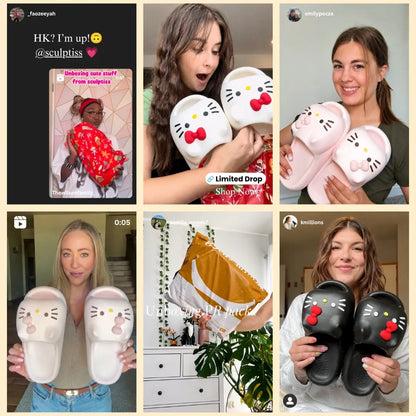 Collage of people holding and showing off hello kitty slides.