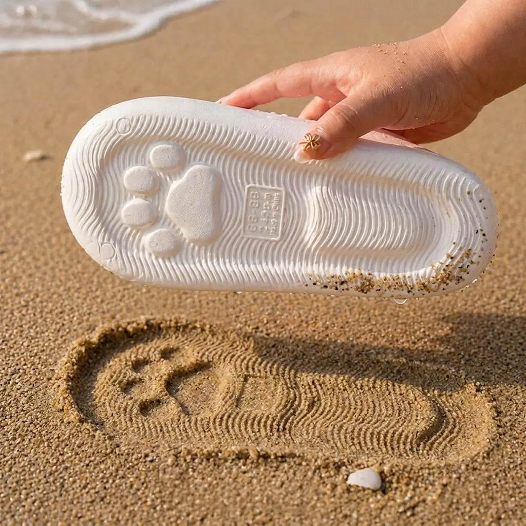 White slides with footprints on a sandy surface