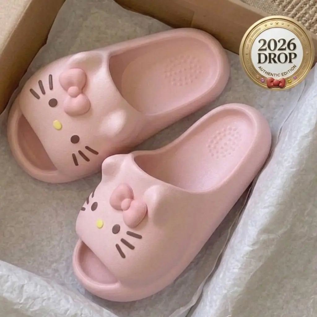Pink Hello KT slide sandals in a cardboard box with tissue paper, featuring a 2026 Drop Authentic Edition seal in the top right corner.